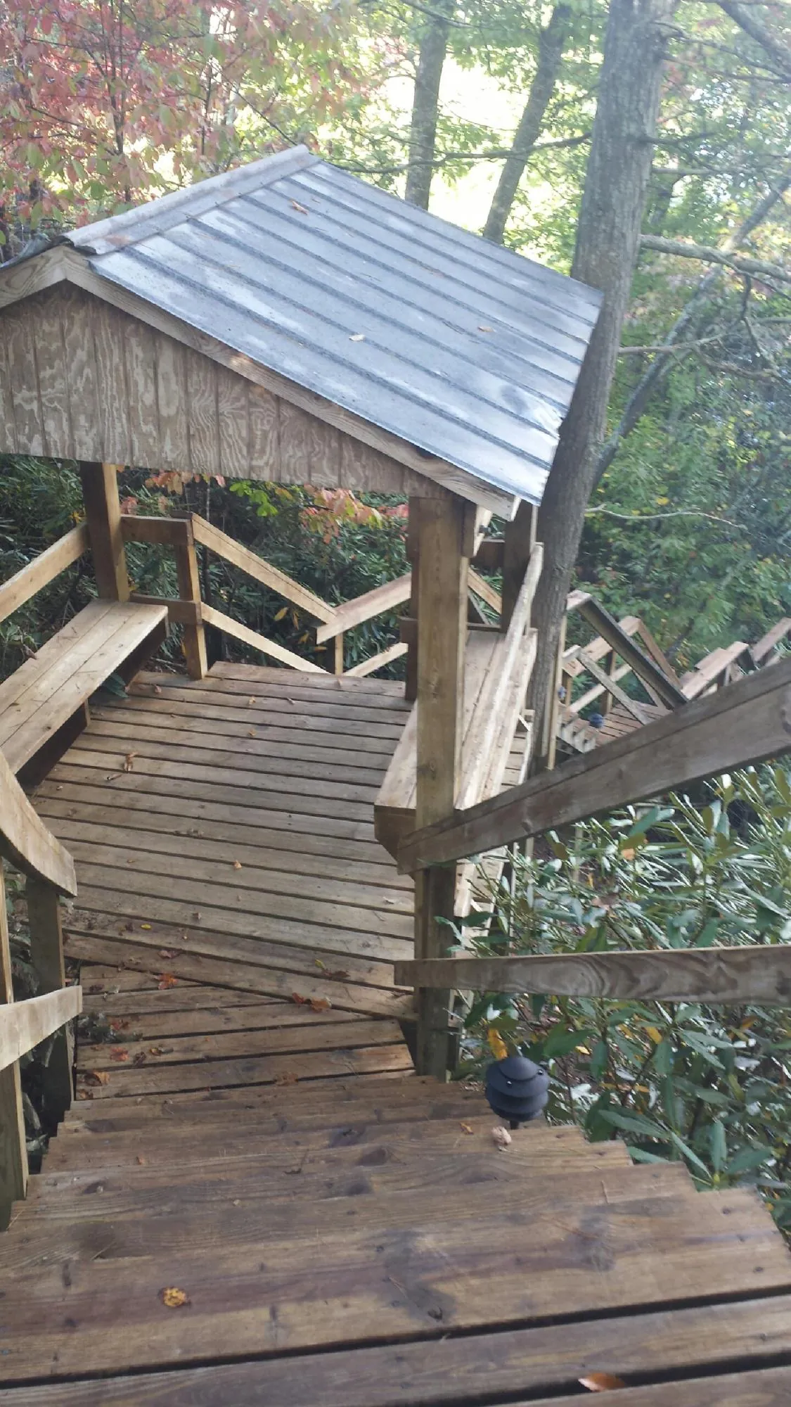Metal roofed shelter over wooden steps on a wooded walkway — Skylight Repair & Installation work by our crew in Pascagoula